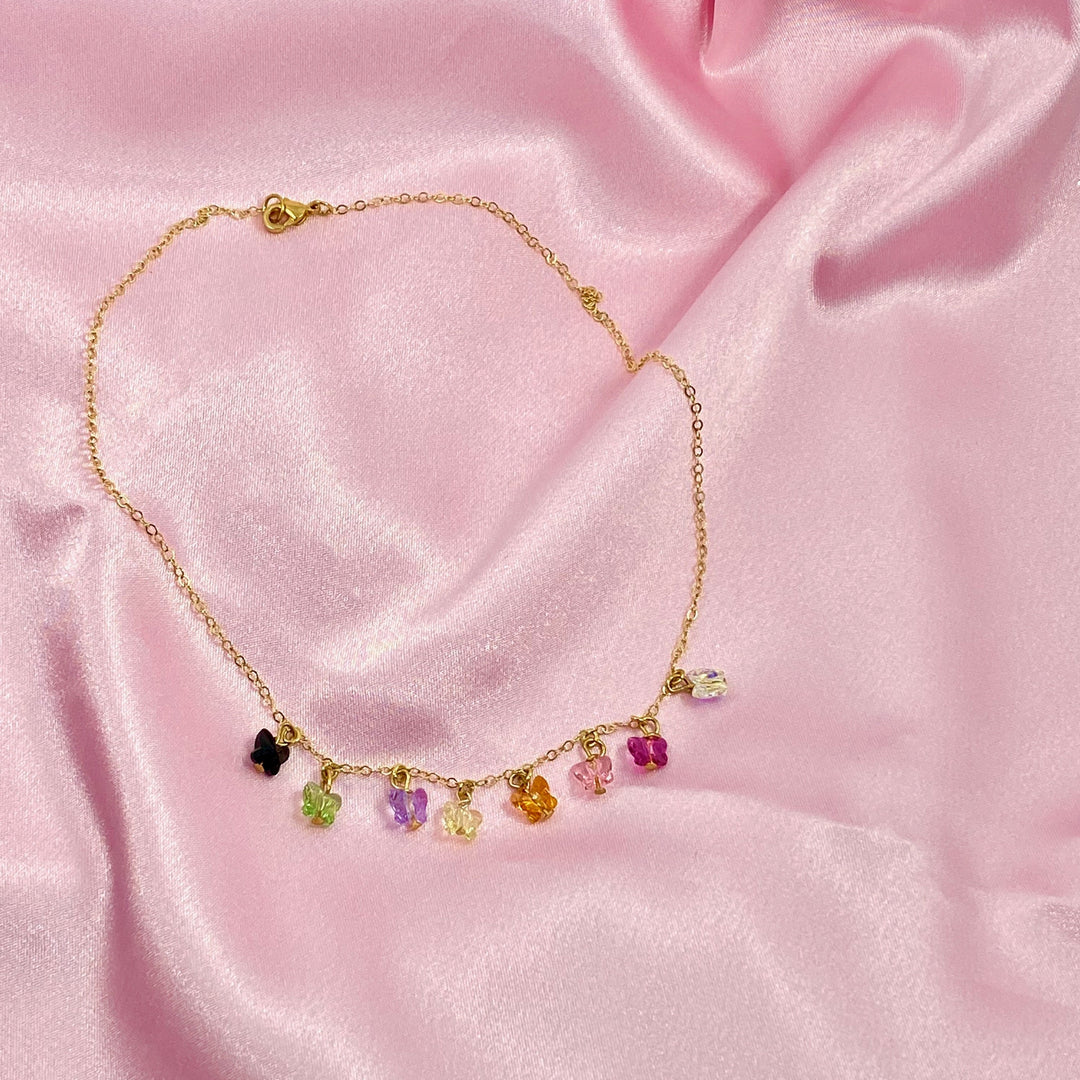 Rainbow Butterfly Choker 14K Gold Necklace