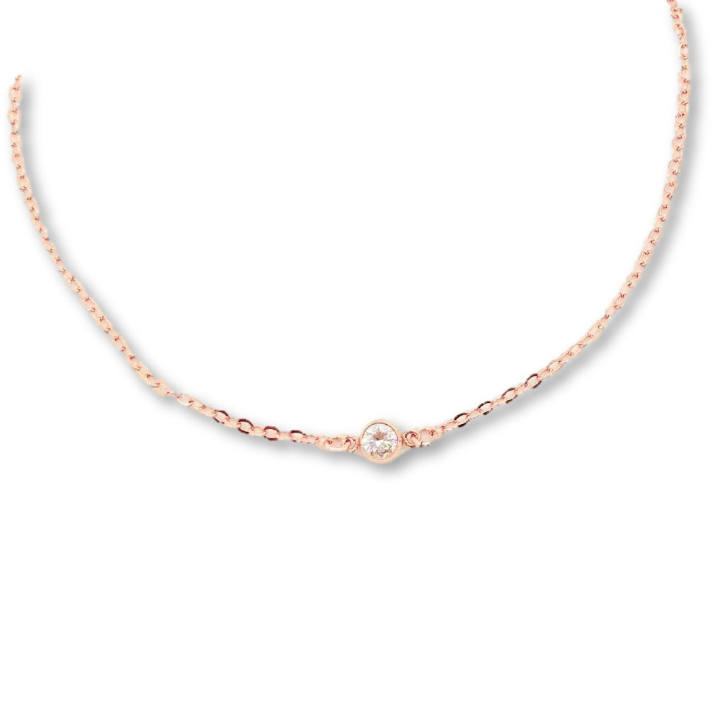 Tiny Rose Gold Cubic Zirconia Solitaire Jewel Necklace