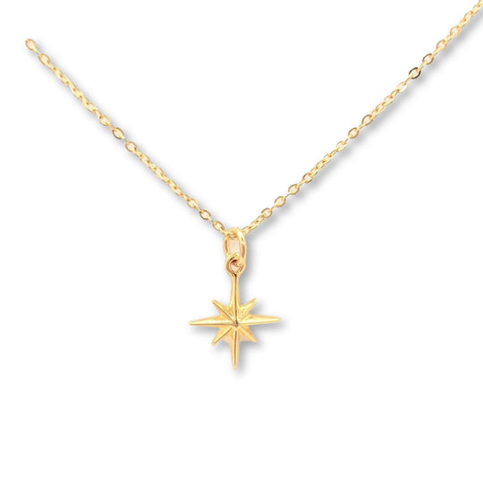 14K Gold North Star Charm Necklace, our eight-point North Star Charm Necklace has a tiny gold 8 point star charm on 14k gold-filled chain, it's a charming 