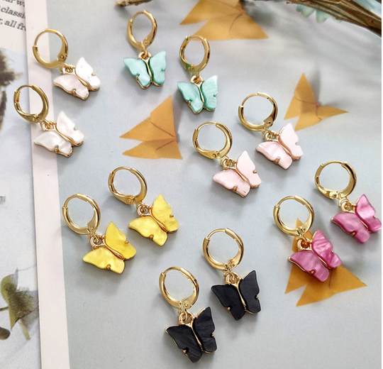 Acrylic Huggy Hoop Butterfly Earrings, accessorize with these boho chic Acrylic Huggy Hoop Butterfly Earrings! These unique earrings have a vibrant color palette a